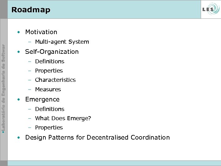 Roadmap • Motivation – Multi-agent System • Self-Organization – Definitions – Properties – Characteristics
