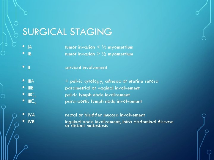 SURGICAL STAGING • • IA IB tumor invasion < ½ myometrium tumor invasion >