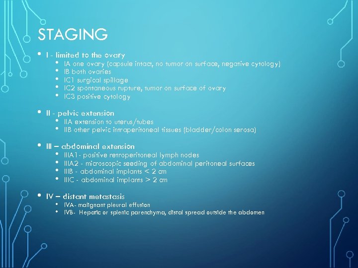 STAGING • I - limited to the ovary • II - pelvic extension •