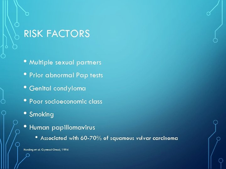 RISK FACTORS • Multiple sexual partners • Prior abnormal Pap tests • Genital condyloma