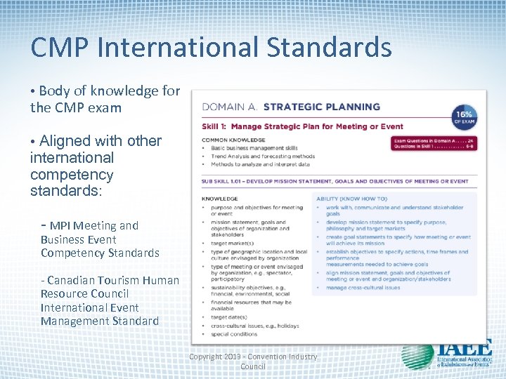 CMP International Standards • Body of knowledge for the CMP exam • Aligned with