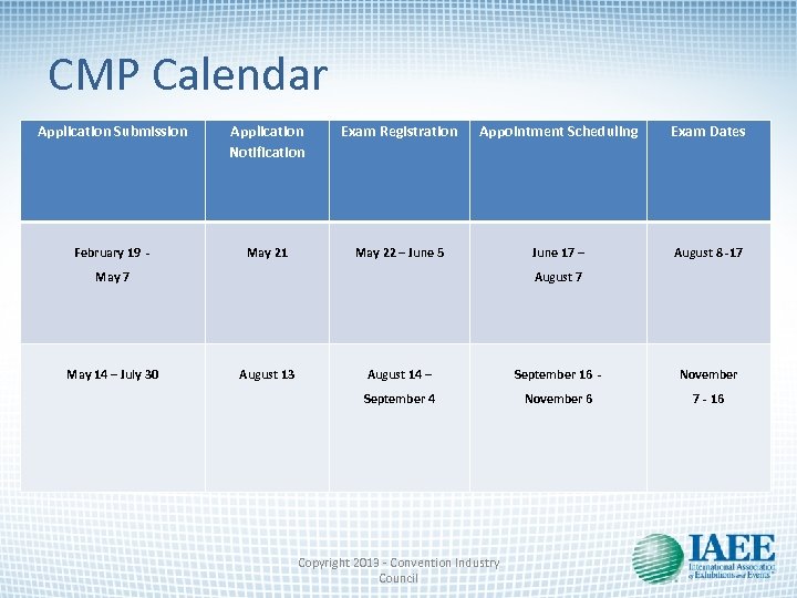 CMP Calendar Application Submission Application Notification Exam Registration Appointment Scheduling Exam Dates February 19