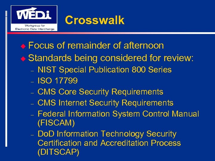 Crosswalk u Focus of remainder of afternoon u Standards being considered for review: –