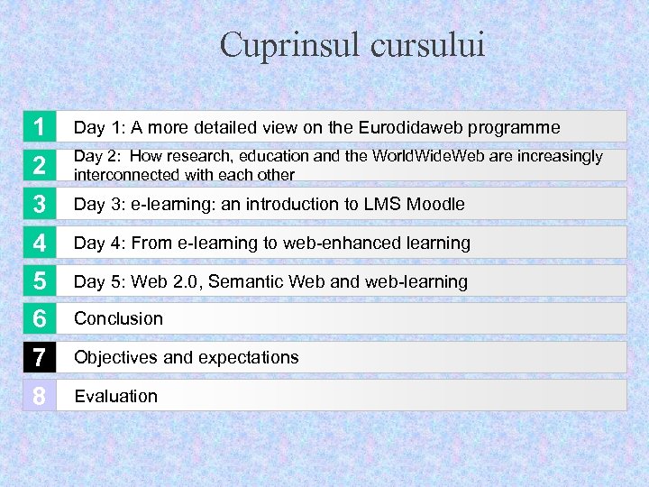 Cuprinsul cursului 1 Day 1: A more detailed view on the Eurodidaweb programme 2