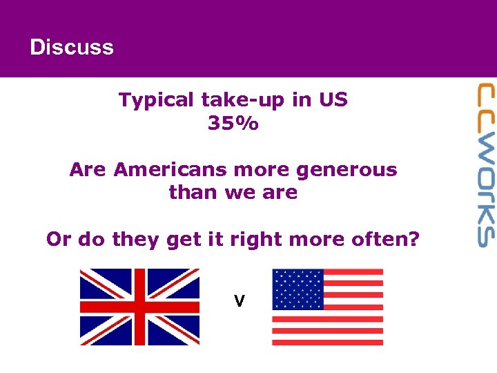 Discuss Typical take-up in US 35% Are Americans more generous than we are Or