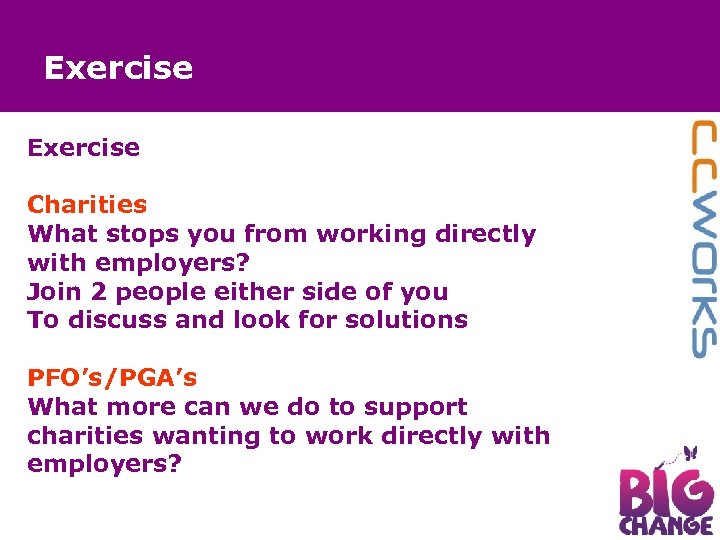 Exercise Charities What stops you from working directly with employers? Join 2 people either