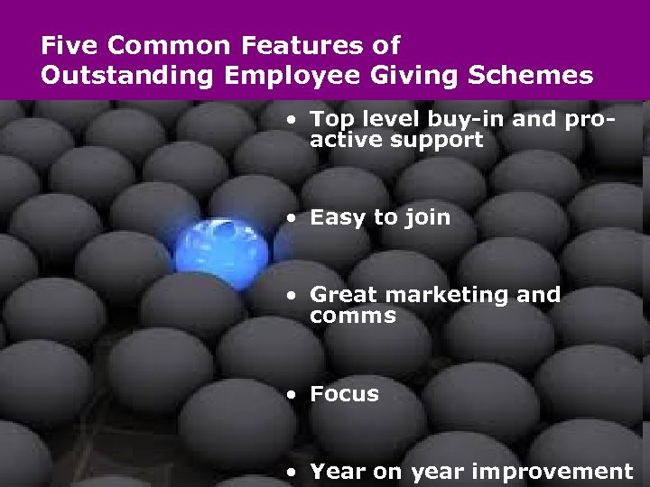 Five Common Features of Outstanding Employee Giving Schemes • Top level buy-in and proactive