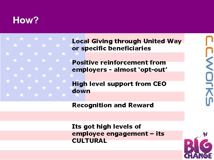 How? Local Giving through United Way or specific beneficiaries Positive reinforcement from employers -