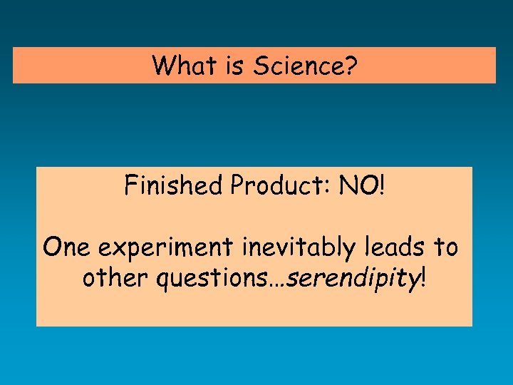 What is Science? Finished Product: NO! One experiment inevitably leads to other questions…serendipity! 