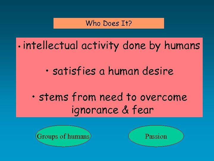 Who Does It? • intellectual activity done by humans • satisfies a human desire