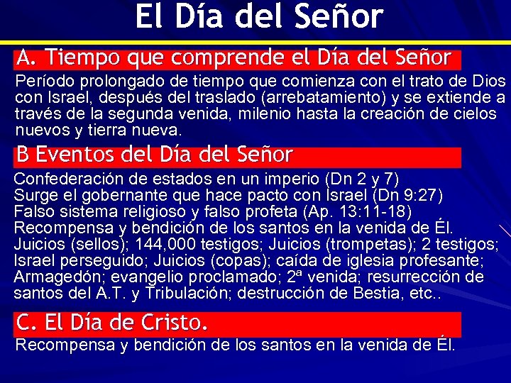 El Día del Señor A. Tiempo que comprende el Día del Señor Período prolongado
