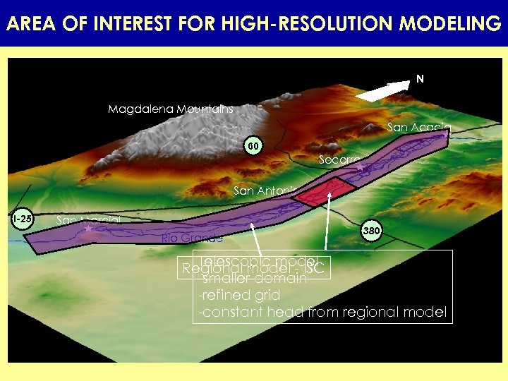 AREA OF INTEREST FOR HIGH-RESOLUTION MODELING N Magdalena Mountains San Acacia 60 Socorro San