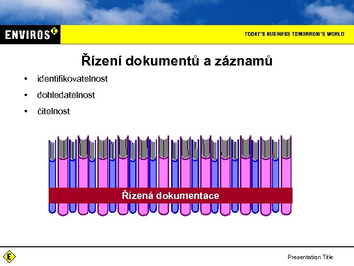 Řízení dokumentů a záznamů • identifikovatelnost • dohledatelnost • čitelnost Řízená dokumentace Presentation Title