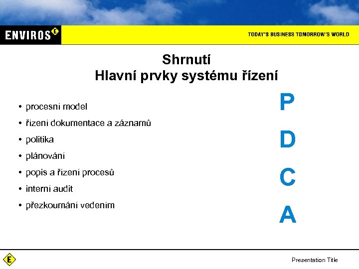Shrnutí Hlavní prvky systému řízení • procesní model • řízení dokumentace a záznamů •