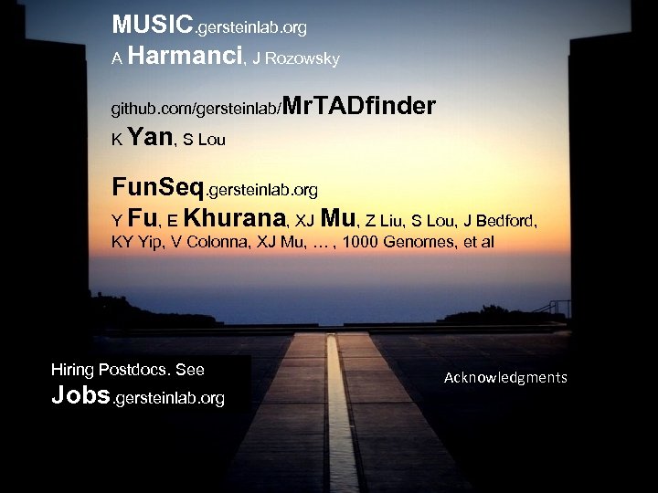 MUSIC. gersteinlab. org A Harmanci, J Rozowsky github. com/gersteinlab/Mr. TADfinder K Yan, S Lou