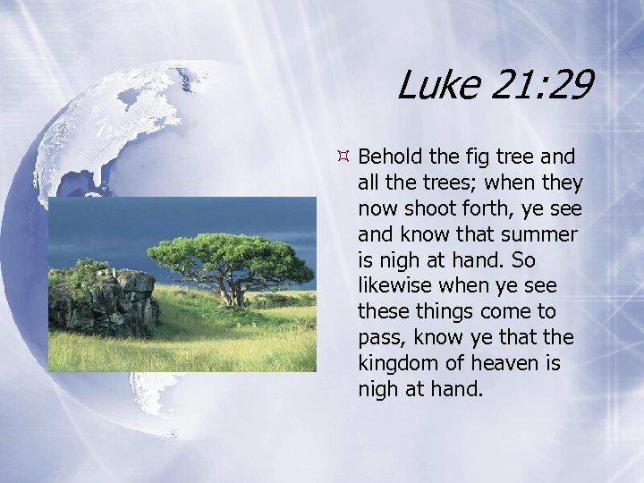 Luke 21: 29 Behold the fig tree and all the trees; when they now