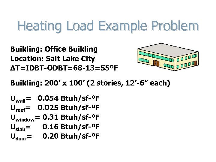 Heating Load Example Problem Building: Office Building Location: Salt Lake City ΔT=IDBT-ODBT=68 -13=55ºF Building: