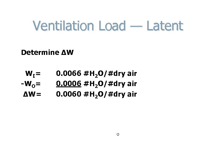 Ventilation Load — Latent Determine ΔW W I= -WO= ΔW= 0. 0066 #H 2