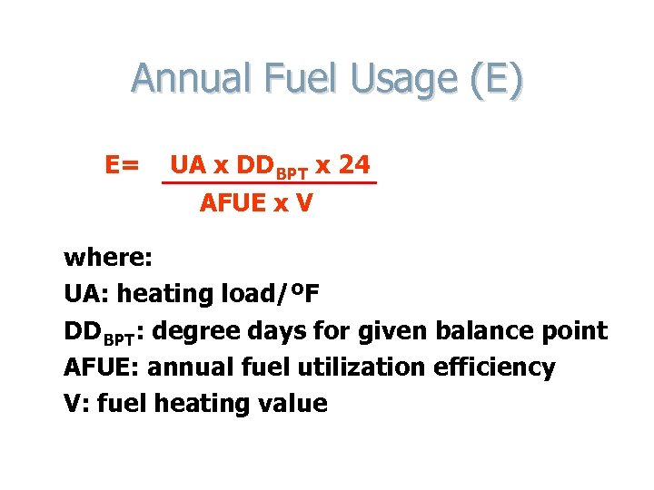 Annual Fuel Usage (E) E= UA x DDBPT x 24 AFUE x V where: