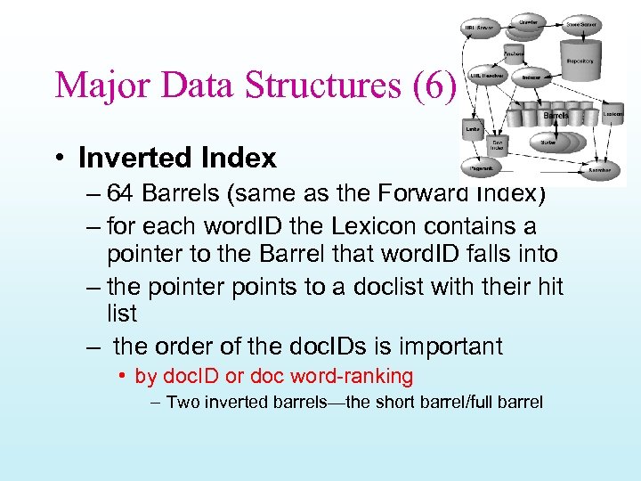 Major Data Structures (6) • Inverted Index – 64 Barrels (same as the Forward