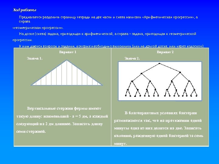 Ход работы Предлагается разделить страницу тетради на две части и слева написать «Арифметическая прогрессия»