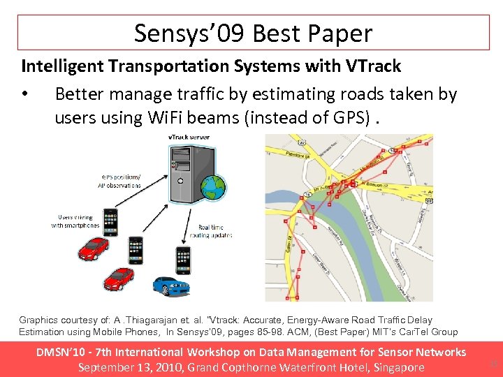 Sensys’ 09 Best Paper Intelligent Transportation Systems with VTrack • Better manage traffic by