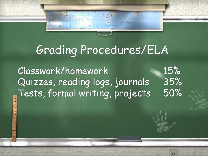 Grading Procedures/ELA Classwork/homework Quizzes, reading logs, journals Tests, formal writing, projects 15% 35% 50%