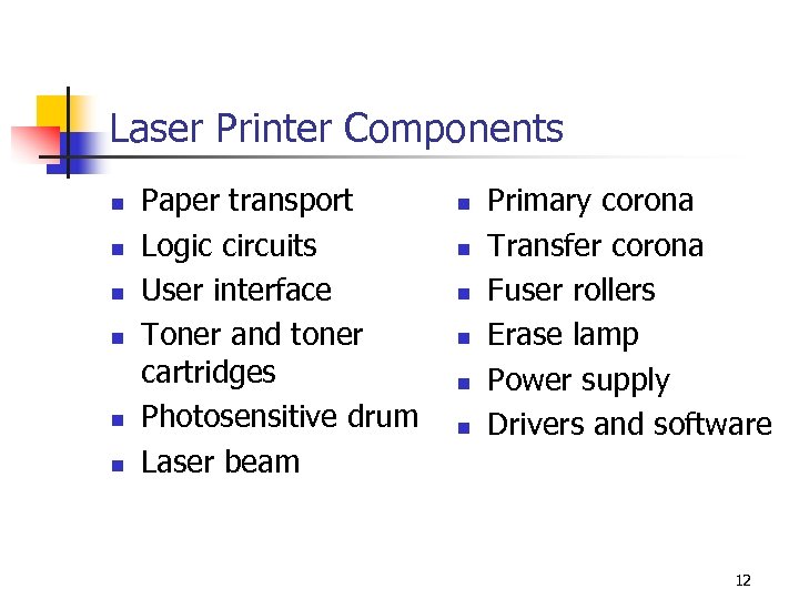 Laser Printer Components n n n Paper transport Logic circuits User interface Toner and