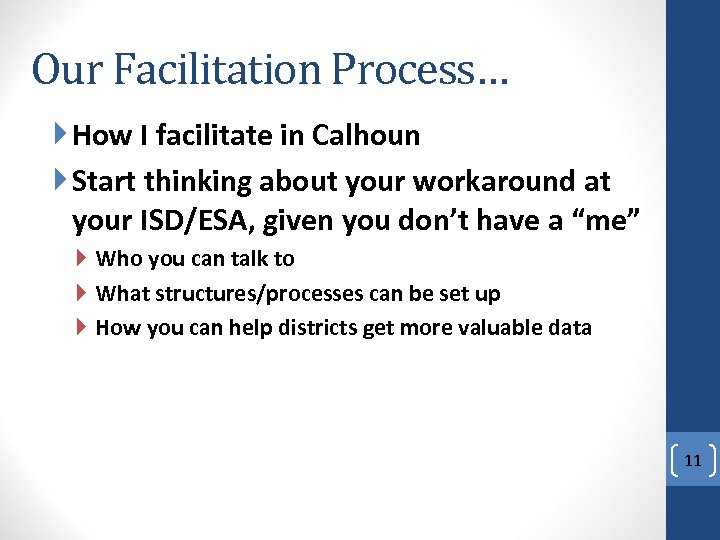 Our Facilitation Process… How I facilitate in Calhoun Start thinking about your workaround at