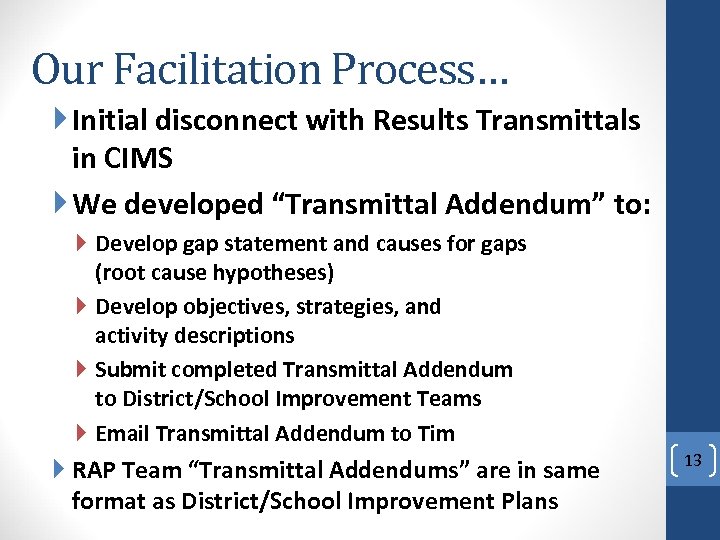 Our Facilitation Process… Initial disconnect with Results Transmittals in CIMS We developed “Transmittal Addendum”