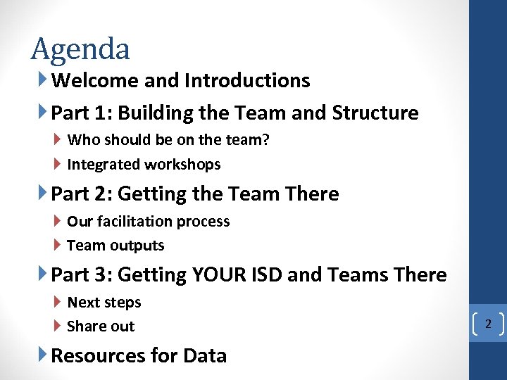 Agenda Welcome and Introductions Part 1: Building the Team and Structure Who should be