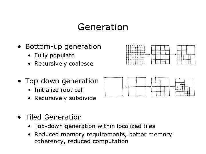 Generation • Bottom-up generation • Fully populate • Recursively coalesce • Top-down generation •