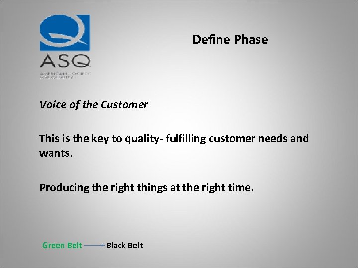 Define Phase Voice of the Customer This is the key to quality- fulfilling customer