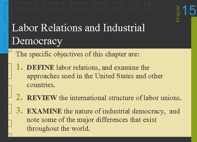 Chapter Labor Relations and Industrial Democracy 15 The specific objectives of this chapter are: