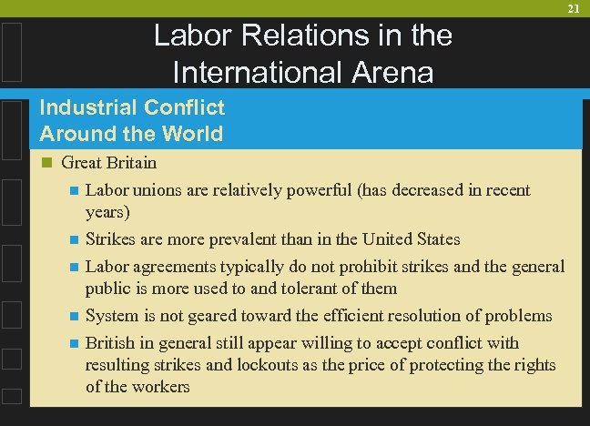 21 Labor Relations in the International Arena Industrial Conflict Around the World n Great