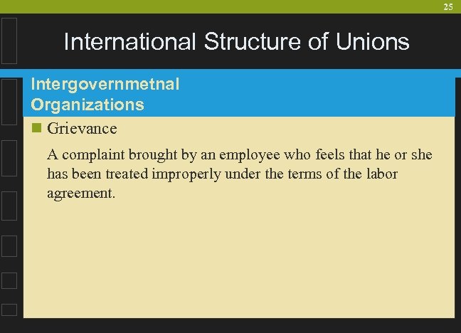 25 International Structure of Unions Intergovernmetnal Organizations n Grievance A complaint brought by an