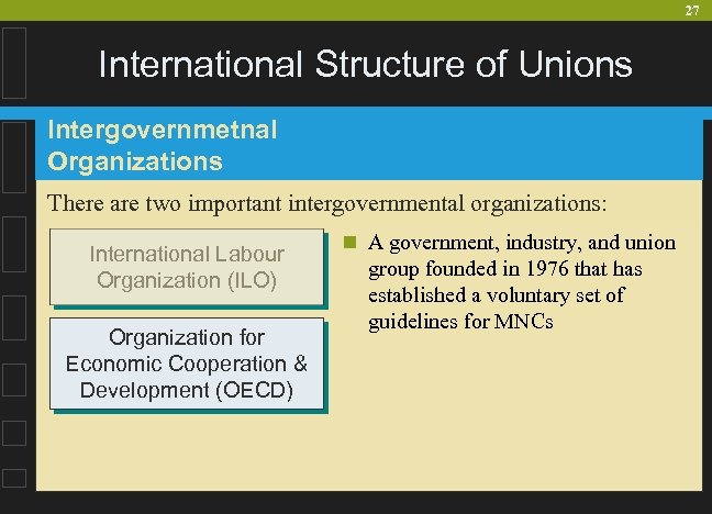 27 International Structure of Unions Intergovernmetnal Organizations There are two important intergovernmental organizations: International