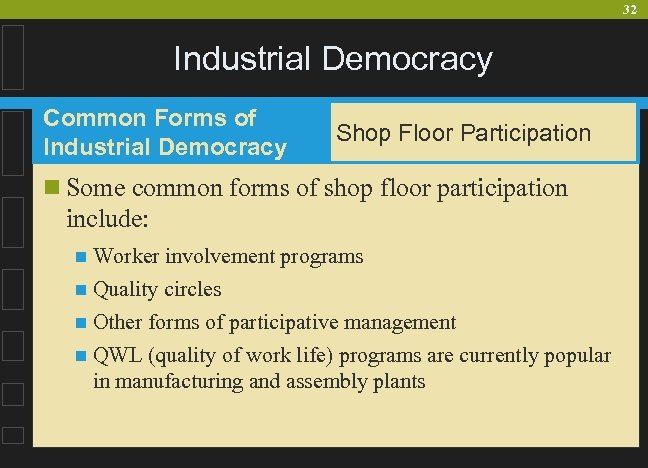 32 Industrial Democracy Common Forms of Industrial Democracy Shop Floor Participation n Some common