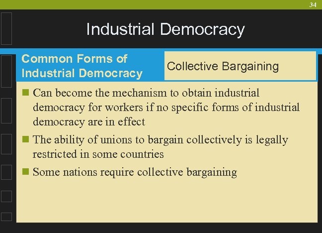 34 Industrial Democracy Common Forms of Industrial Democracy Collective Bargaining n Can become the
