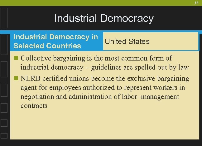 35 Industrial Democracy in United States Selected Countries n Collective bargaining is the most