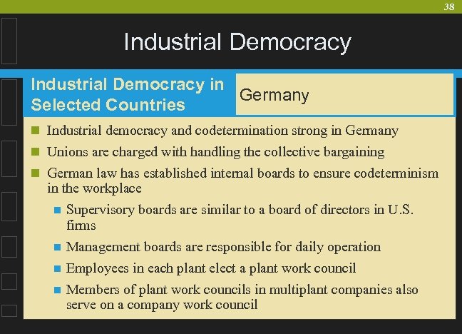 38 Industrial Democracy in Germany Selected Countries n Industrial democracy and codetermination strong in