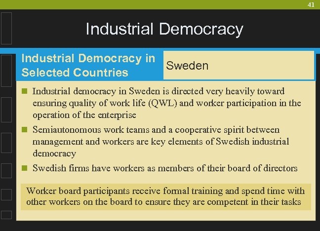 41 Industrial Democracy in Sweden Selected Countries n Industrial democracy in Sweden is directed