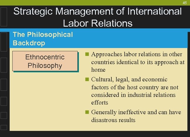 45 Strategic Management of International Labor Relations The Philosophical Backdrop Ethnocentric Philosophy n Approaches
