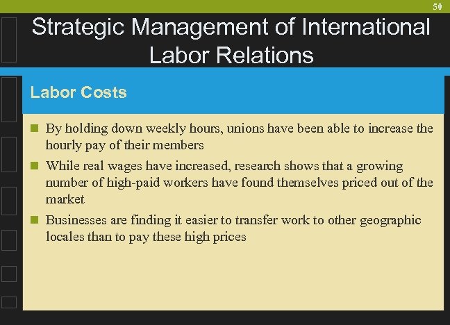 50 Strategic Management of International Labor Relations Labor Costs n By holding down weekly