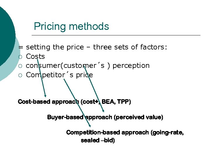 Pricing methods = setting the price – three sets of factors: ¡ Costs ¡