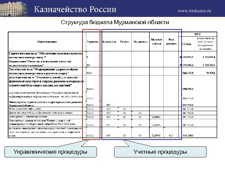Структура бюджета Мурманской области Управленческие процедуры Учетные процедуры 