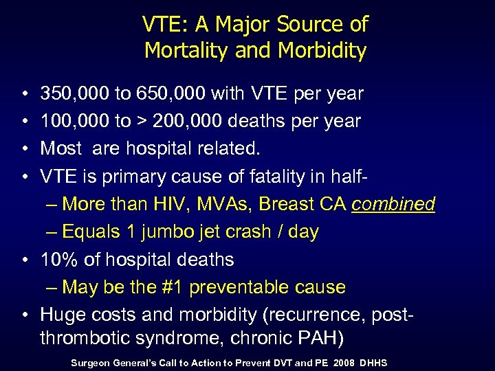 VTE: A Major Source of Mortality and Morbidity • • 350, 000 to 650,