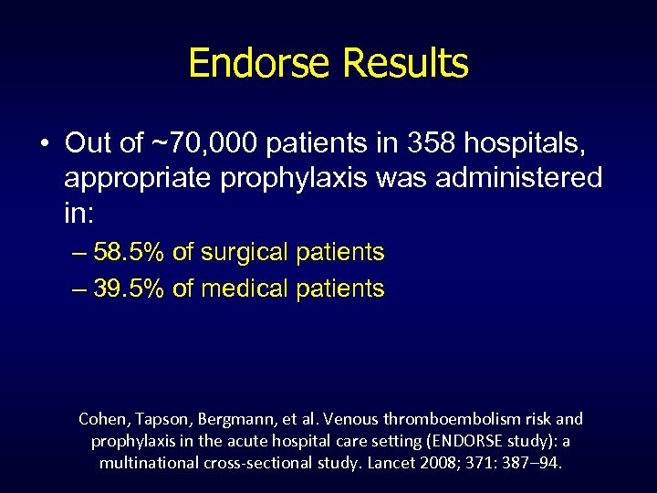 Endorse Results • Out of ~70, 000 patients in 358 hospitals, appropriate prophylaxis was