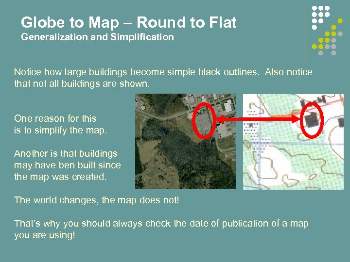 Globe to Map – Round to Flat Generalization and Simplification Notice how large buildings