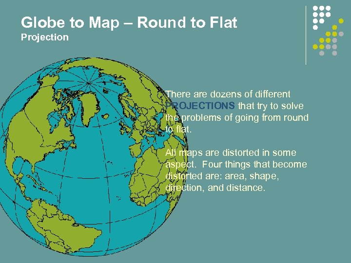 Globe to Map – Round to Flat Projection There are dozens of different PROJECTIONS